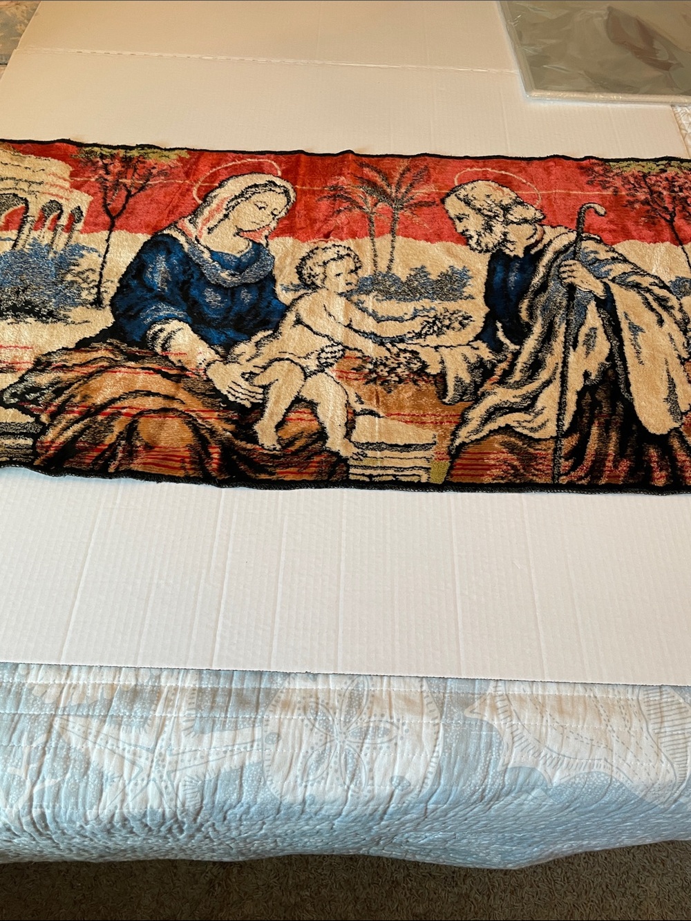 Handcrafted Religious Tapestry Wall Hanging in Red, Blue, and Cream